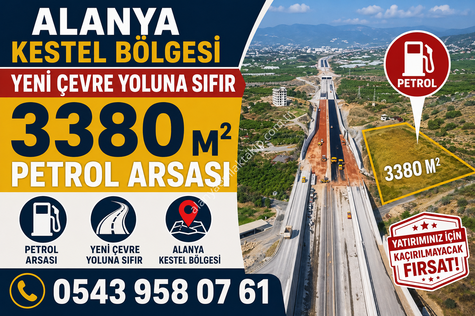 ALANYA KESTEL YENİ ÇEVRE YOLU ÜZERİNDE SATILIK 3.380 m² PETROL ARSASI