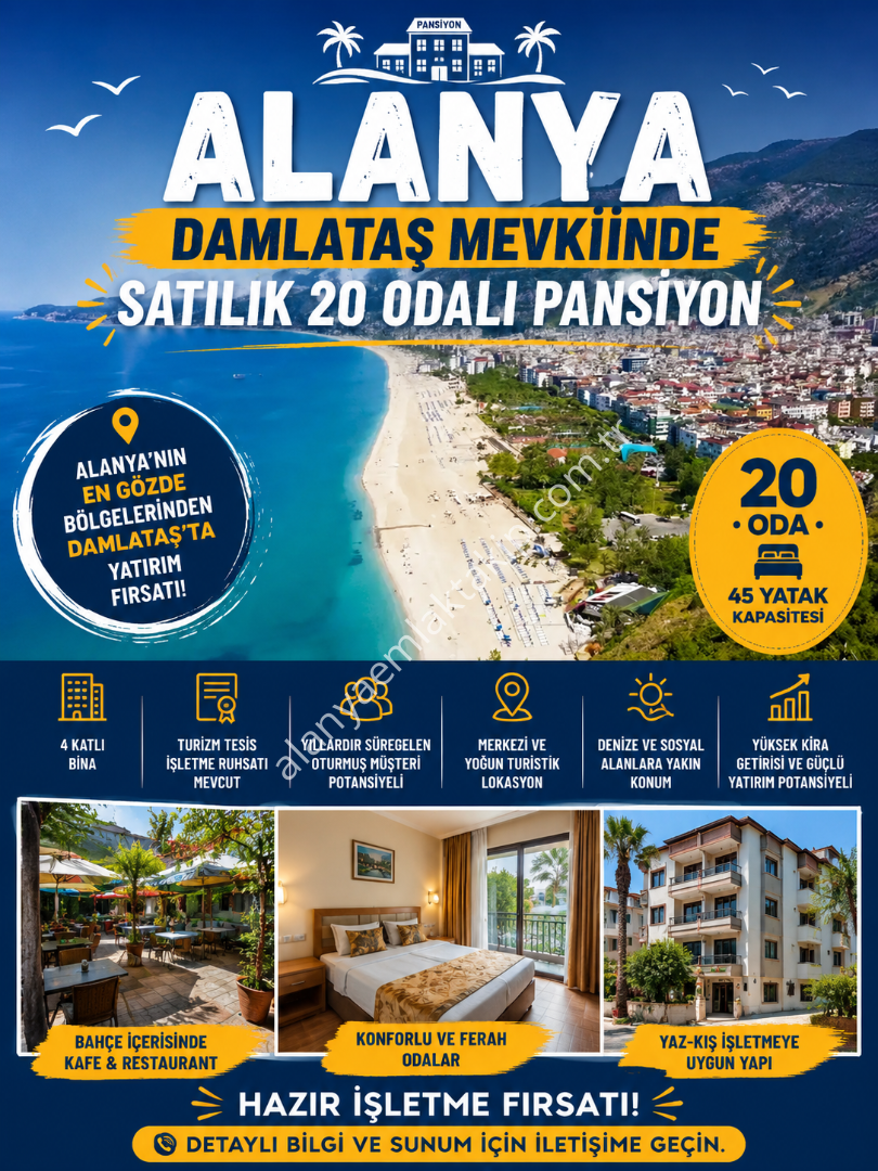 ALANYA DAMLATAŞ MEVKİİNDE SATILIK 20 ODALI PANSİYON